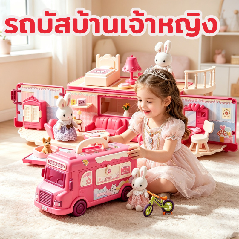 รถบัสบ้านเจ้าหญิง เด็กผู้หญิงอายุ 4-6 ปี รถบัสสีชมพู บ้านตุ๊กตาของเล่น ของขวัญสำหรับเด็ก