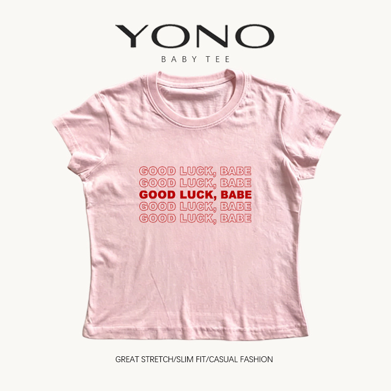 (พร้อมส่ง24ชม.) YONO baby tee สีชมพู ลาย GOOD LUCK BABE ตัวอักษรสีแดง ทรงเข้ารูป สไตล์เกาหลี y2k