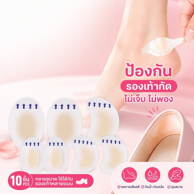 แผ่นกันรองเท้ากัด ซิลิโคนเจลใส 10pcs แผ่นกันกัดส้นเท้า กันน้ำ กันเหงื่อ กาวแน่น หลายขนาด