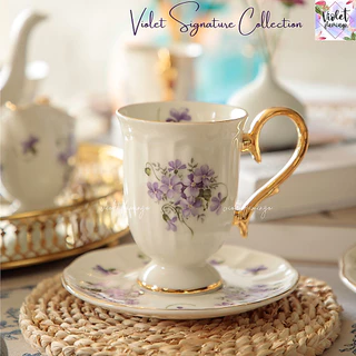 Violet Flamingo แก้ว Mug มือจับทอง 260ML แก้วกาแฟลายดอกไม้สีม่วง รุ่น Violet Signature **เฉพาะแก้ว ไม่รวมจานรอง**