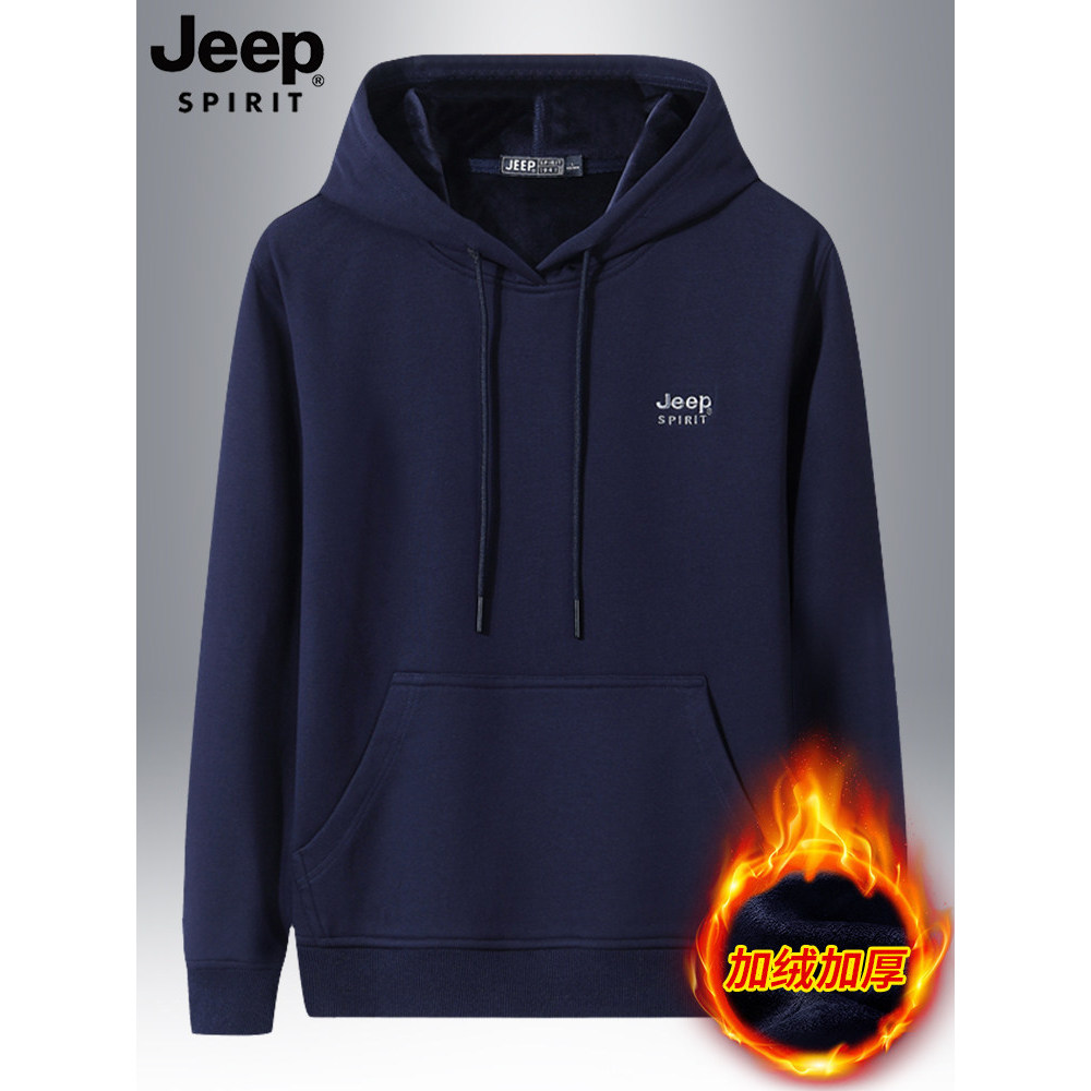 JEEP JEEP ขนแกะซับเสื้อกันหนาวผู้ชายฤดูหนาวผ้าฝ้ายแท้เสื้อยืดแขนยาวผู้ชายฤดูหนาวสไตล์ Hooded Casual 