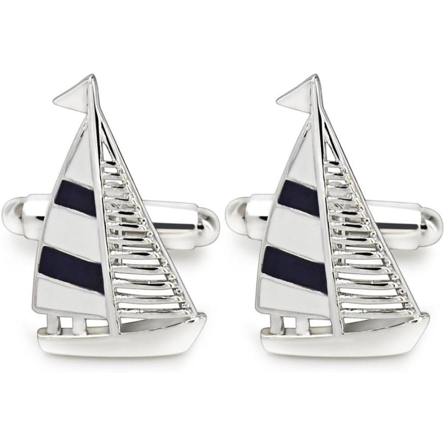 Mr.Van Sailing Boat Cufflinks for Men - Cufflinks ทองเหลืองชุบ Rhodium, 0.86x0.5 นิ้ว, ถุงของขวัญรวม