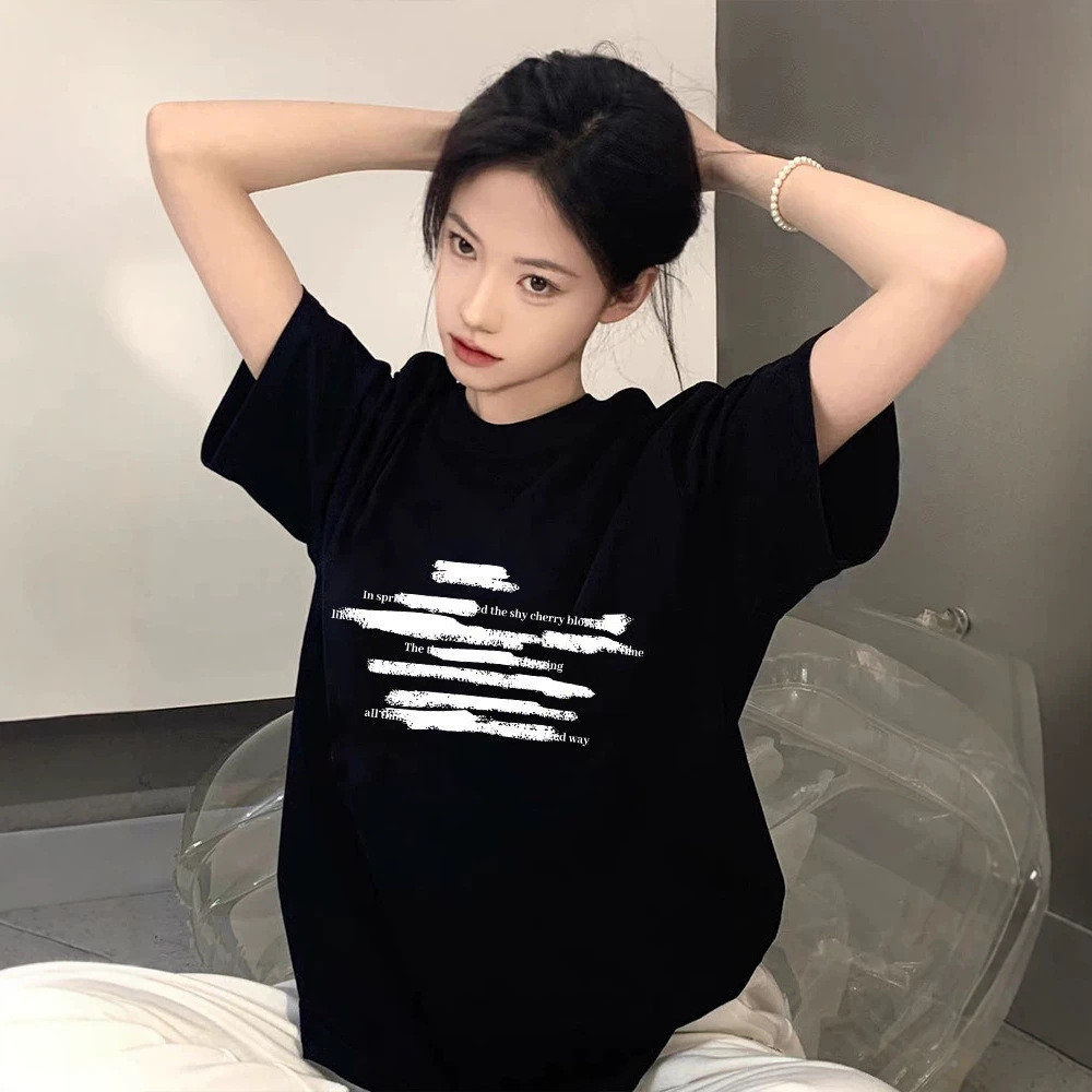 American Black Pure Cotton Short-Sleeved T-Shirt Women Niche Design Half-Sleeved Top T-Shirt 2026.7.