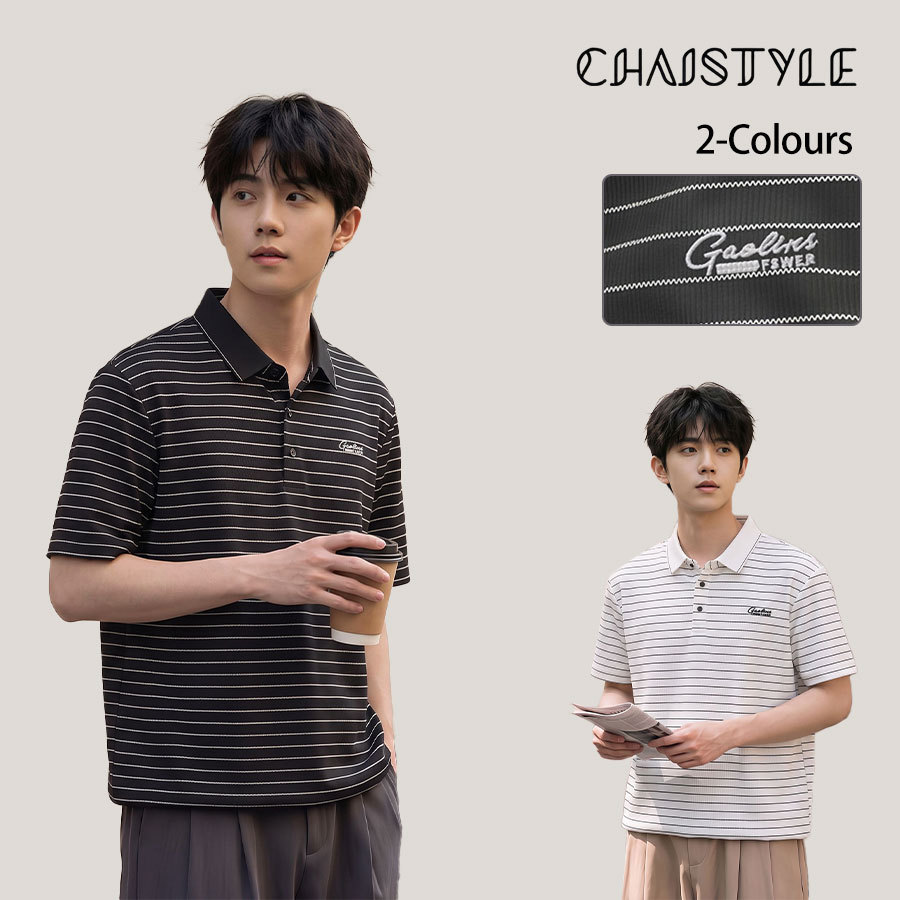 Chaistyle ฤดูร้อน เสื้อโปโลผู้ชาย รุ่นบาง ผ้าไอซ์ซิลค์เย็นสบาย คอพับ ลายริ้ว เสื้อคุณพ่อวัยกลางคน การพักผ่อน ธุรกิจ