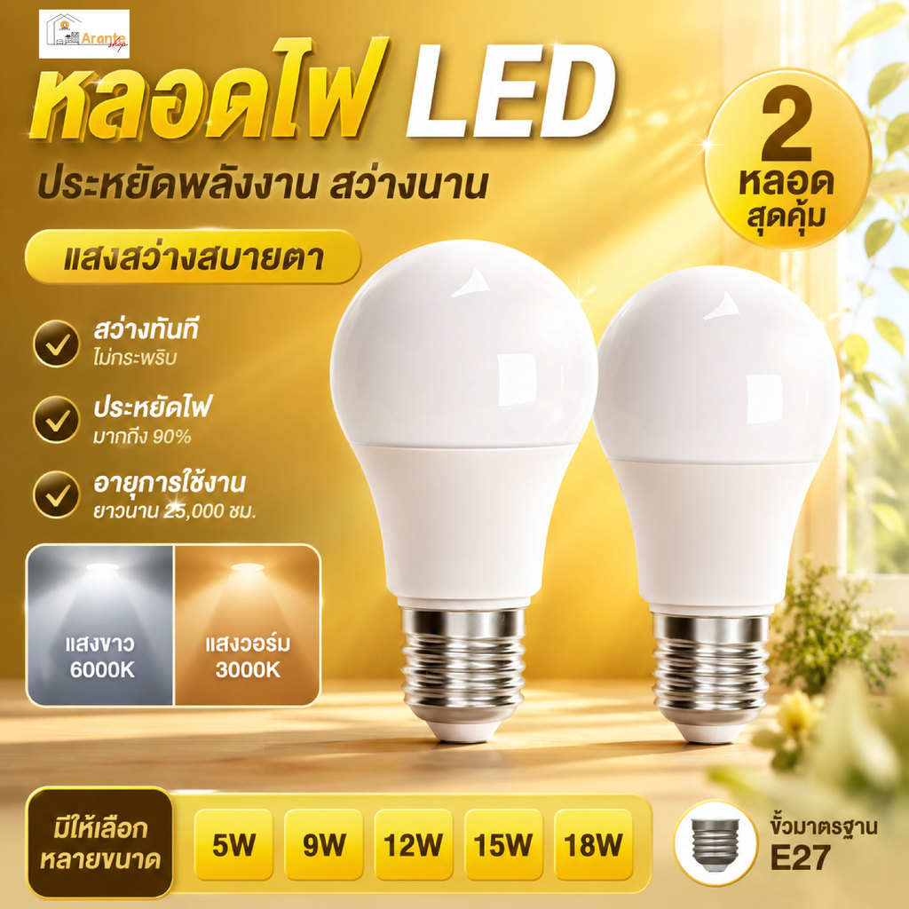 หลอดไฟ LED E27 5W/9W/13W/15W/18W แสงขาว6000K/วอร์ม3000K ประหยัดไฟ85% ไม่กระพริบ ถนอมสายตา อายุ25,000ชม.