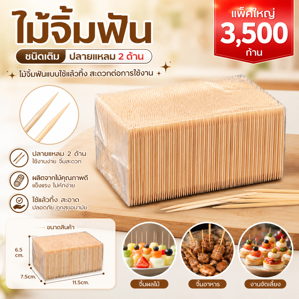 ไม้จิ้มฟัน ชนิดเติม ปลายแหลม 2ด้าน (แพ็ค3,500ก้าน) ไม้จิ้มฟันแบบใช้เเล้วทิ้ง สะดวกต่อการใช้งาน