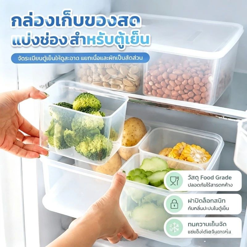กล่องเก็บตู้เย็นแบบแบ่งช่อง 4 กริด กล่องถนอมเนื้อแช่แข็ง กล่องคัดแยกบรรจุภัณฑ์อาหาร พร้อมฝาปิด ปิดผนึก รักษาความสด
