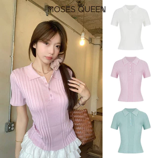 MOSESQUEEN เสื้อถักนิตติ้งสีน้ําเงินอย่างมากของผู้หญิงสําหรับฤดูร้อนน้ําหนักเบาเสื้อโปโลสไตล์วัยรุ่นแขนสั้น #69076