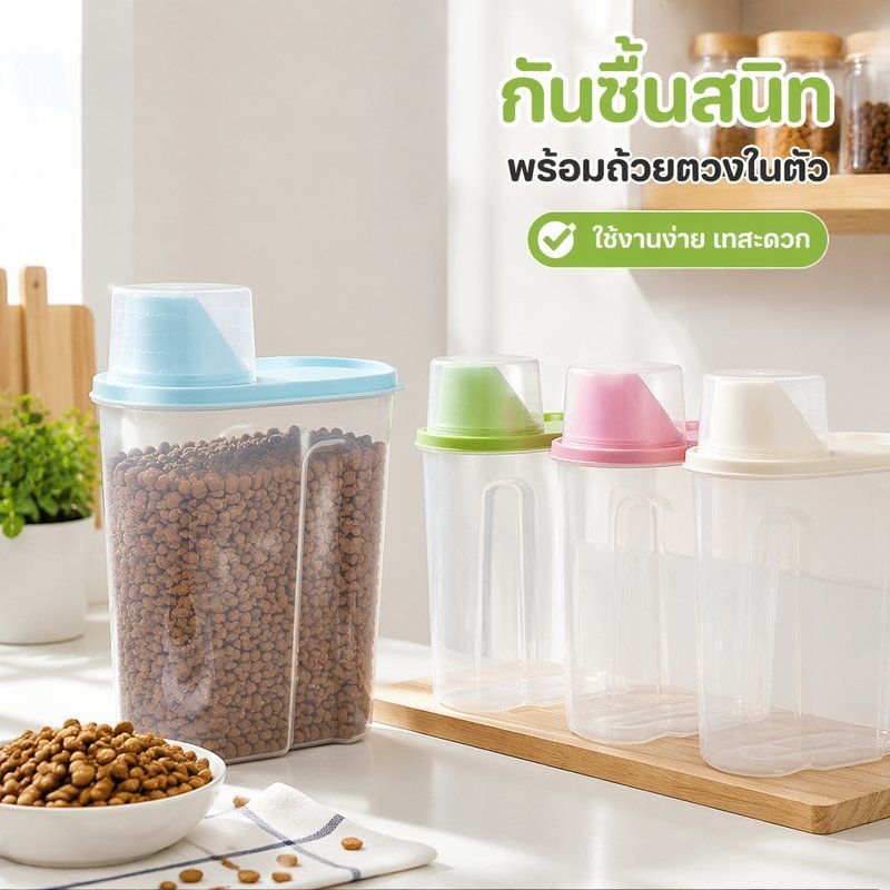 ภาชนะเก็บอาหารสัตว์เลี้ยงกล่องซีลสูญญากาศ 1 9L 2 5L วัสดุ PP ถ้วยตวงป้องกันความชื้น
