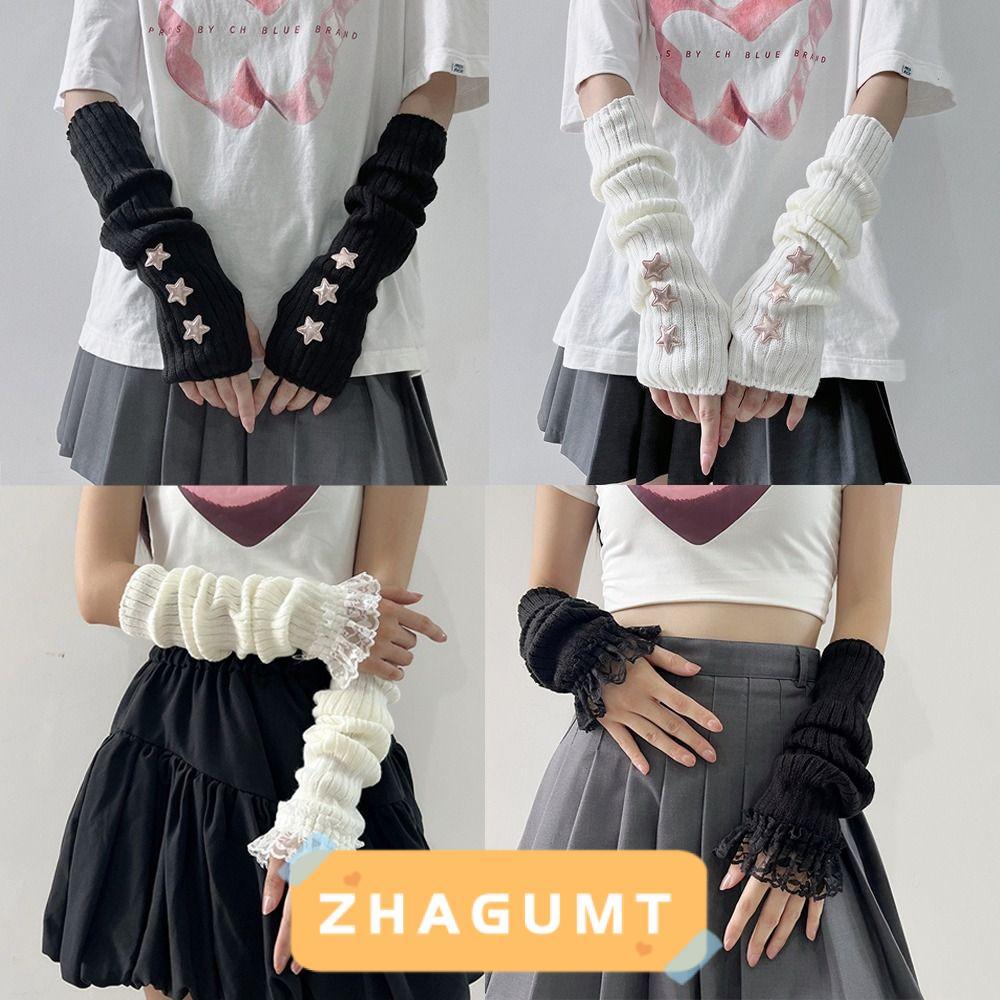ถุงมือถัก ZHAGUMT366KB แขนยาวคลุมแขนสไตล์ญี่ปุ่น แบบครึ่งนิ้ว สีดํา/ขาว สําหรับแฟชั่น Y2K และ Spice Girls