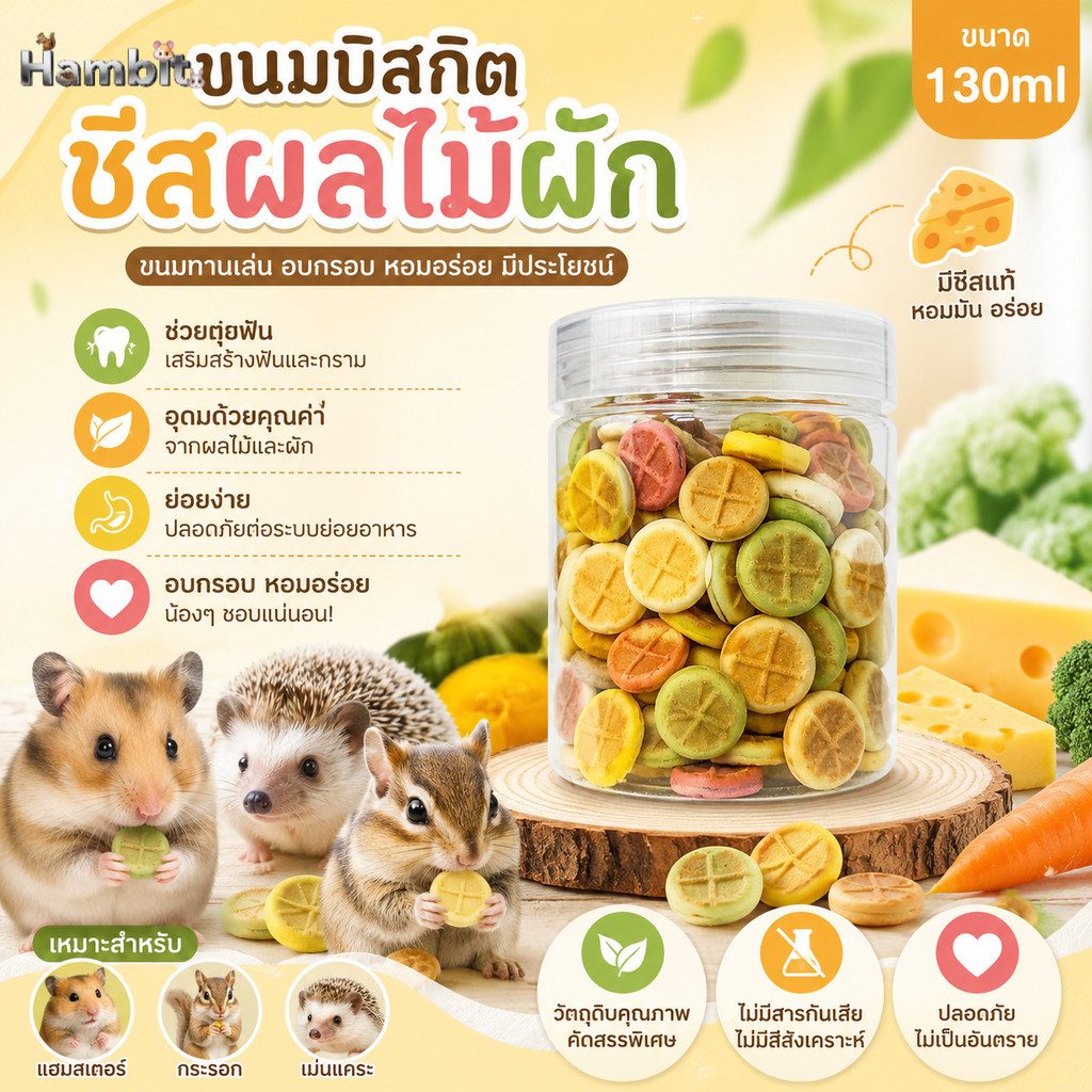 Hambit. (130ml) ขนมบิสกิตชีสผักผลไม้รวม สำหรับแฮมสเตอร์ ชูการ์ สรรพคุณครบ!