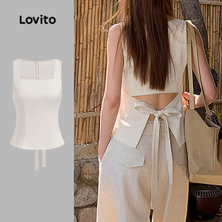 Lovito เสื้อลําลองผู้หญิง ผูกเชือกด้านบน เรียบง่ายสําหรับฤดูใบไม้ผลิ/ฤดูร้อน สีแอปริคอท เกาหลี อินเทรนด์ LK4TAD348