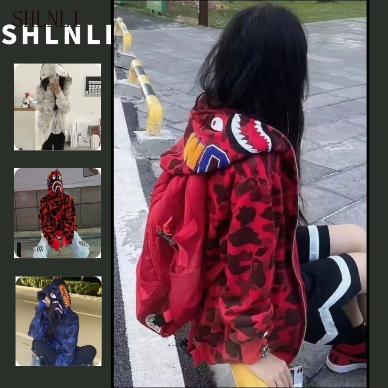 ผู้หญิงฤดูใบไม้ผลิฤดูใบไม้ร่วง Camo Shark Mouth Graphic Zip Up Relaxed Hoodie Street อเนกประสงค์ Outwear