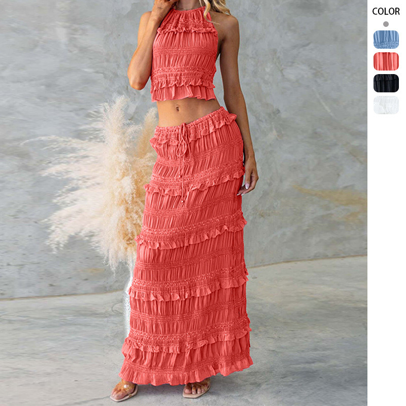 Halter Ruffle Crop Top Tiered กระโปรงยาว 2 ชิ้นชุดชายหาดงานแต่งงานวันหยุดชุด
