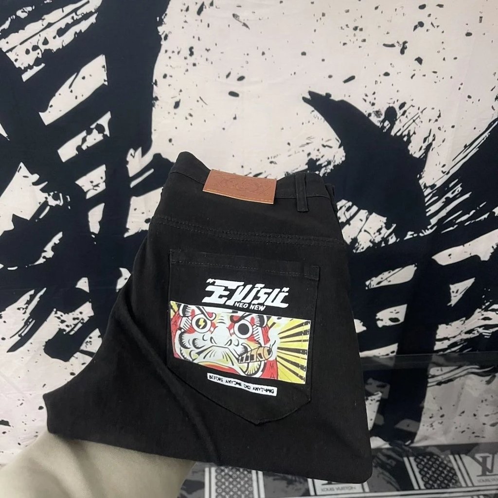 ((อย่ารับตัก) กวางโจวเทพเจ้าแห่งโชคลาภ EVISU สไตล์ใหม่สไตล์อเมริกันสลิมฟิตสตรีทสวมพิมพ์กางเกงยีนส์สก