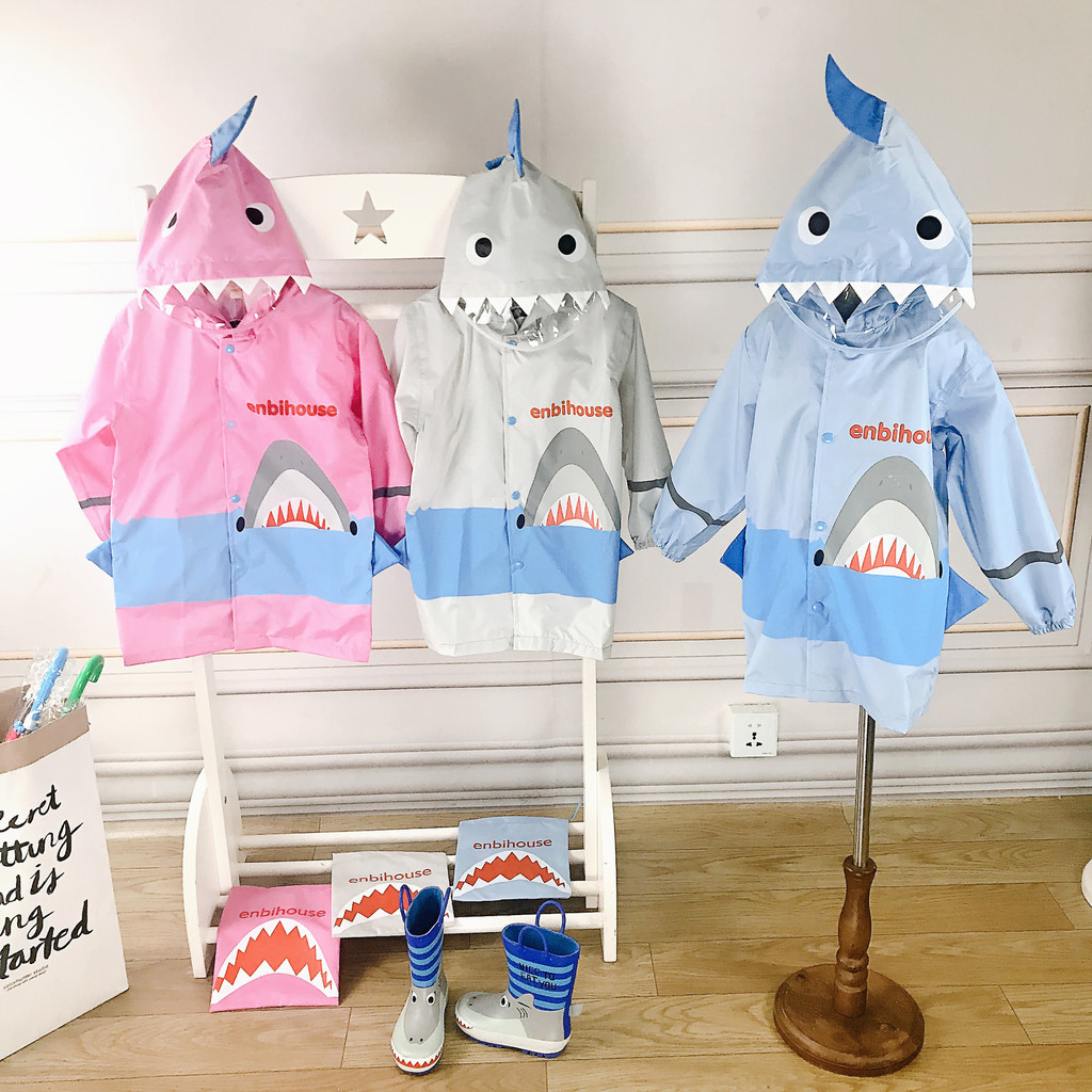 Enbihouse Original Design ins สไตล์ชายหญิง Shark Poncho 3D สามมิติรูปร่าง Pu เด็กเสื้อกันฝน