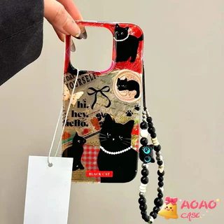 เคสไอโฟน17 สำหรับ iPhone 11 16 13 15 12 14 Pro Max 8 16 7 14 15 Plus XR XS MAX X SE 2020 สร้อยข้อมือแมวสีดำหวาน