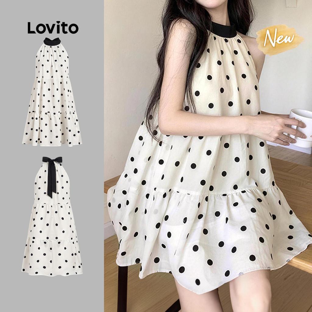 (New Arrival) Lovito เดรสลําลองสีบล็อกโบว์หลังผ้าเดรปสีขาวงาช้างสําหรับฤดูใบไม้ผลิและฤดูร้อนสําหรับผู้หญิง ประจำวัน L200AD191