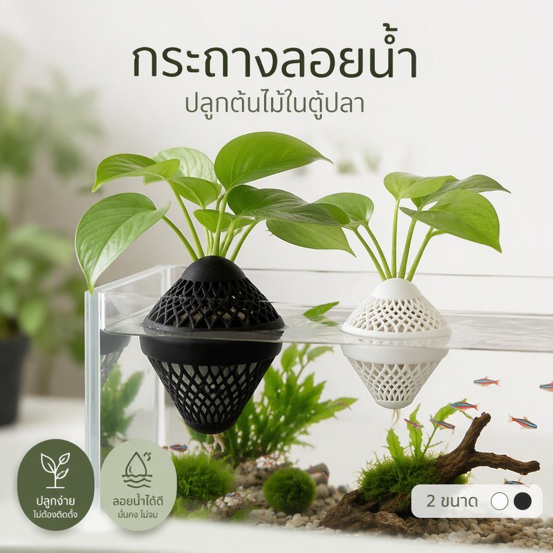 กระถางลอยน้ำตู้ปลา กระถางปลูกต้นไม้น้ำ ไม่ต้องติดตั้ง พลาสติกปลอดภัย 2 ขนาด แต่งตู้ปลา