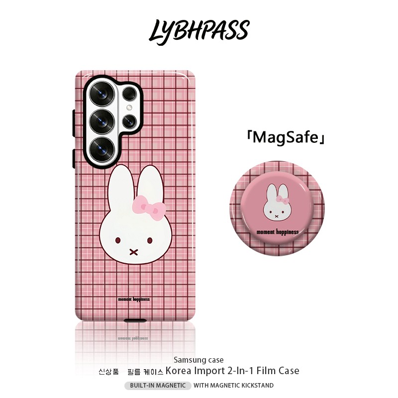 คสซัมซุง+มีขาตั้งแม่เหล็ก แม่เหล็ก MagSafe การ์ตูน น่ารัก กระต่ายมิฟฟี่ ลายตาราง ขอบ2ชั้น เคส Samsung galaxy s20 fe s21 s22 plus s23 s24 s25 edge s26 ultra note20 ultra A07 A17 A27 A37 A54 A55 A56 A57 5G เปิดเลนส์ กันกระแทก โทรศัพท์ มือถือ case