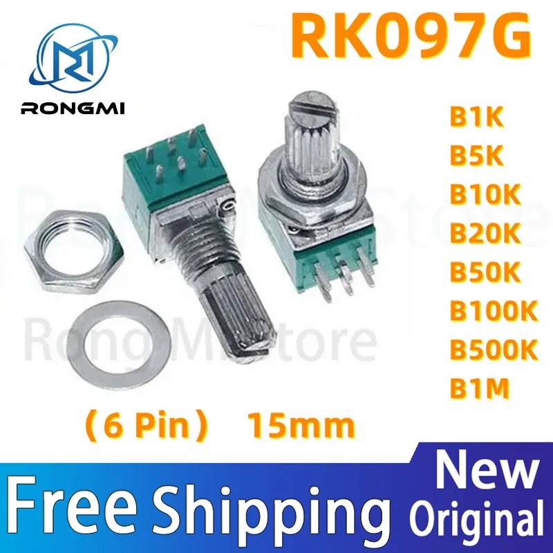 5PCS RK097G 6 pins B1K B5K B10K B20K B50K B100K B500K 15 มม., 5 ฟุต B1K B5K B10K B20K B50K B100XJ B5