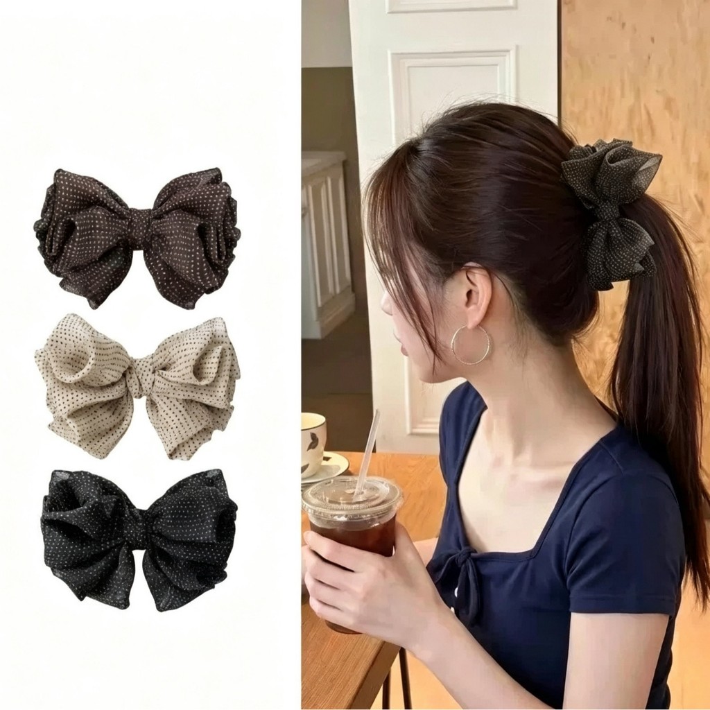 2026 High-End Soft Waxy Polka Dot Bow Banana Clip เครื่องประดับผม
