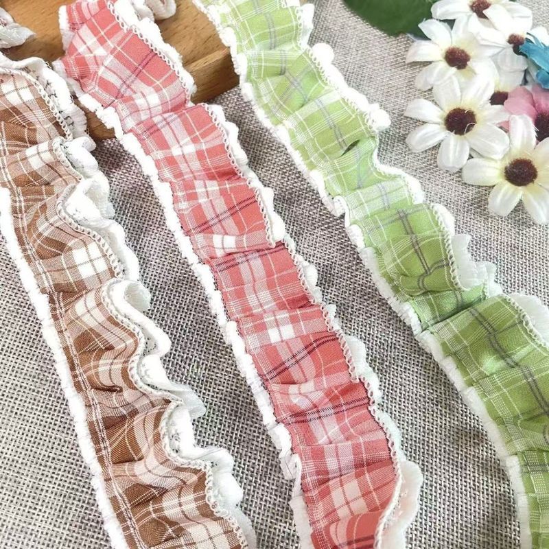 ลายสก๊อต Ruffle ลูกไม้ Trim 3.5 ซม.หนา Gingham Frilled ริบบิ้น Vintage จีบผ้าเทปสําหรับชุดตุ๊กตาเสื้อผ้าห่อของขวัญ DIY เย็บ Designer Craft Supply 2 หลา