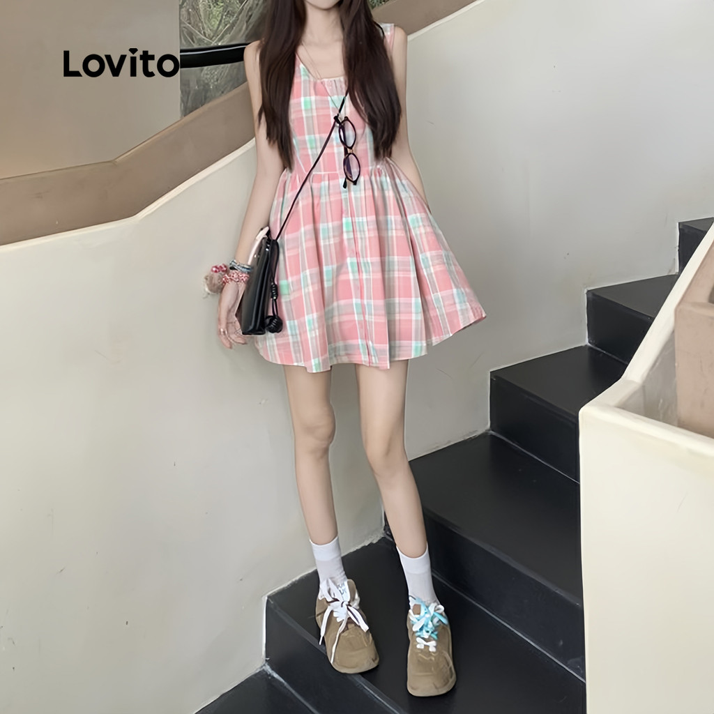Lovito فستان نسائي كاروهات بأزرار — صورة 4