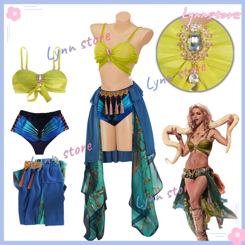 BRITNEY SPEARS Im a Slave 4 U 2001 MTV VMA Python คอสเพลย์เครื่องแต่งกาย Boho พู่เอว Flowy กระโปรงชุ