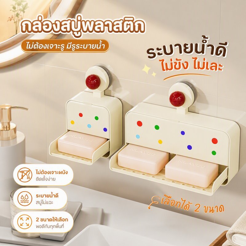 กล่องสบู่แขวนผนัง พลาสติก กันน้ำ ไม่ต้องเจาะรู ระบายน้ำ ถาดถอดล้างได้ ฝาปิด รุ่น1ช่อง2ช่อง