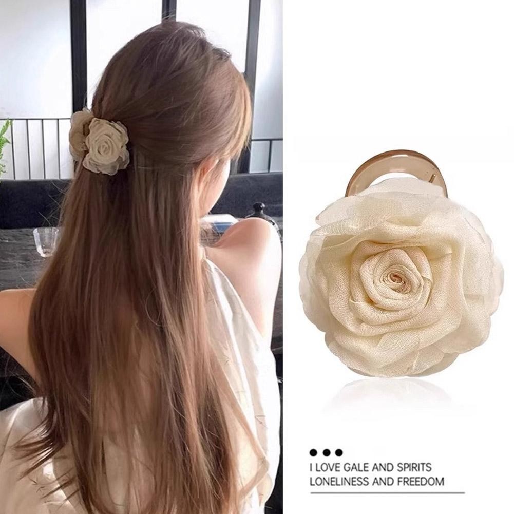 Elegant Rose ดอกไม้ผม Claw สําหรับผู้หญิงสาวหวานเครื่องประดับด้านหลังหัวคลิปผมดอกไม้ H6r9