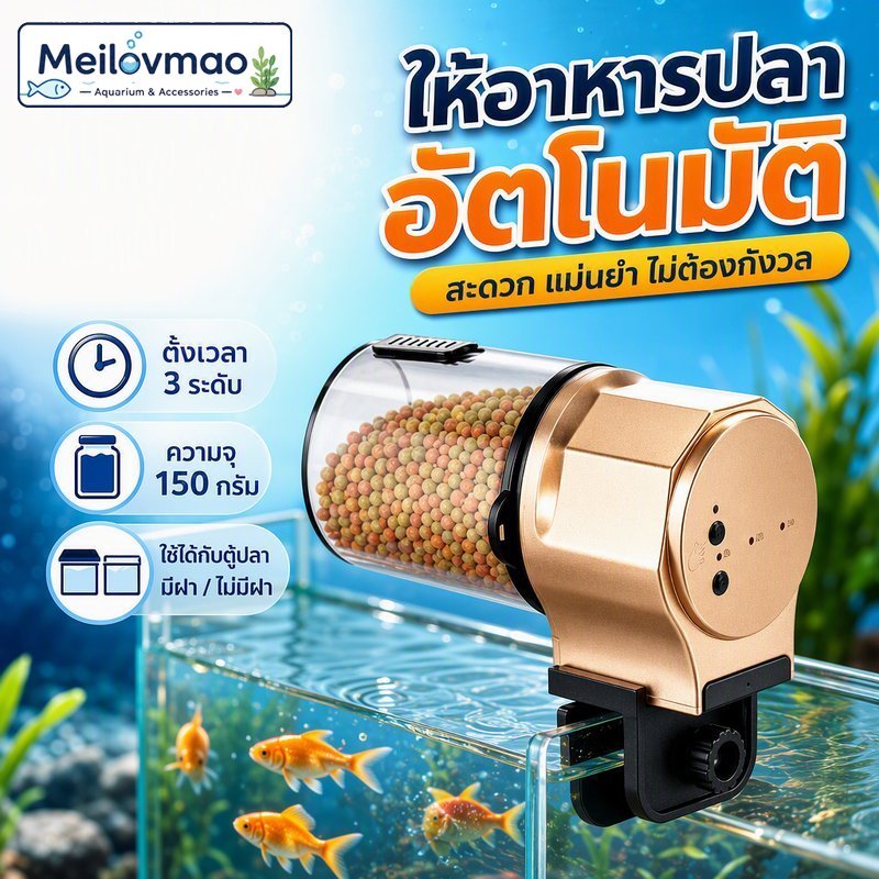 Meilovmao เครื่องให้อาหารปลาอัตโนมัติ ตั้งเวลา 8 12 24 ชั่วโมง ความจุ 150 กรัม ปรับปริมาณ สำหรับตู้ปลา