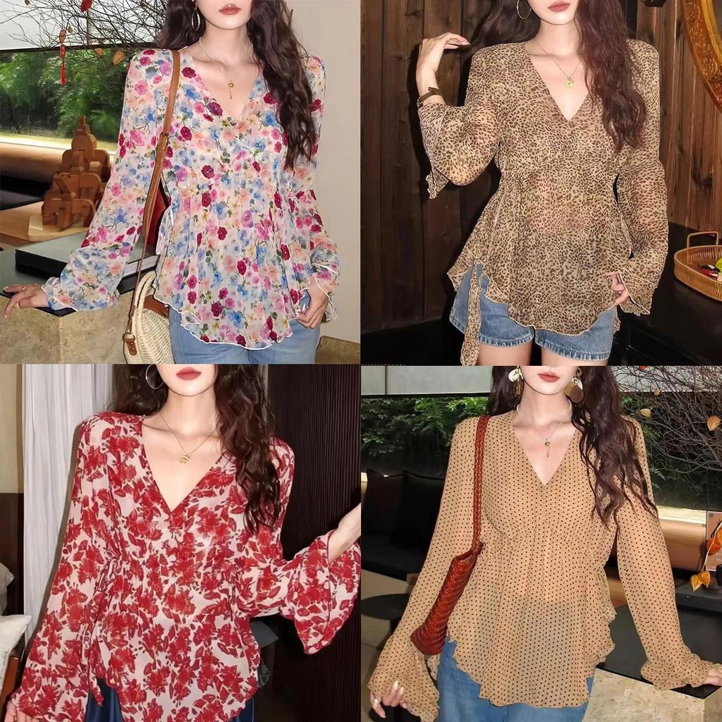 STYLE#เสื้อเชิ้ตแขนยาวสำหรับผู้หญิง ลายดอกไม้ คอวี แขนบาน ผ้าชีฟอง เหมาะสำหรับฤดูร้อน#99570