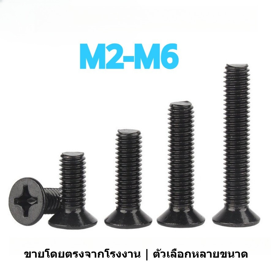 น็อต สกรู หัวเตเปอร์ แฉก F+ สแตนเลส 304 ชุบดำ เกลียวมิล หยาบ / Black SUS304 Phillips Countersunk Flat‑Head Machine Screw M2-M6 JINHAO
