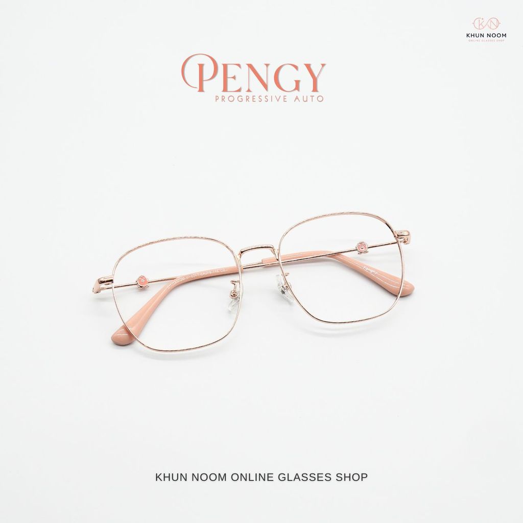 แว่นตาสายตายาวเลนส์โปรเกรสซีฟ ไร้รอยต่อ [เลนส์ตัดใหม่] รุ่น PENGY "เพนจี้" 5317ไทเทเนี่ยม มอง 3 ระยะออกแดดเปลี่ยนสีเทาดำ