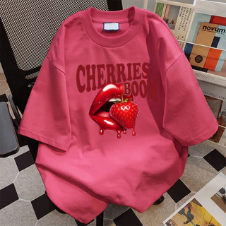 เสื้อยืดโอเวอร์ไซซ์ผู้หญิง ผ้านุ่มหนา CHERRIES แฟชั่นสไตล์เกาหลี [งานเกรดพรีเมียม งานเกรด A]