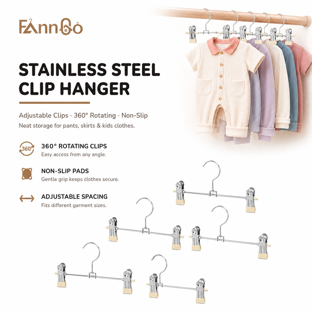 FannGo ไม้แขวนหนีบอเนกประสงค์ | ไม้แขวนเสื้อสแตนเลส 15 ซม. สําหรับกางเกง, กระโปรง & เสื้อผ้าเด็ก