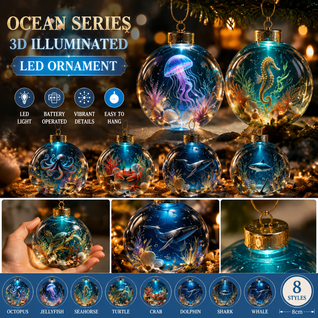 8 ซม. LED Ocean Sphere เครื่องประดับ – 3D Illuminated อะคริลิคแขวน, แบตเตอรี่ขับเคลื่อนสําหรับงานปาร