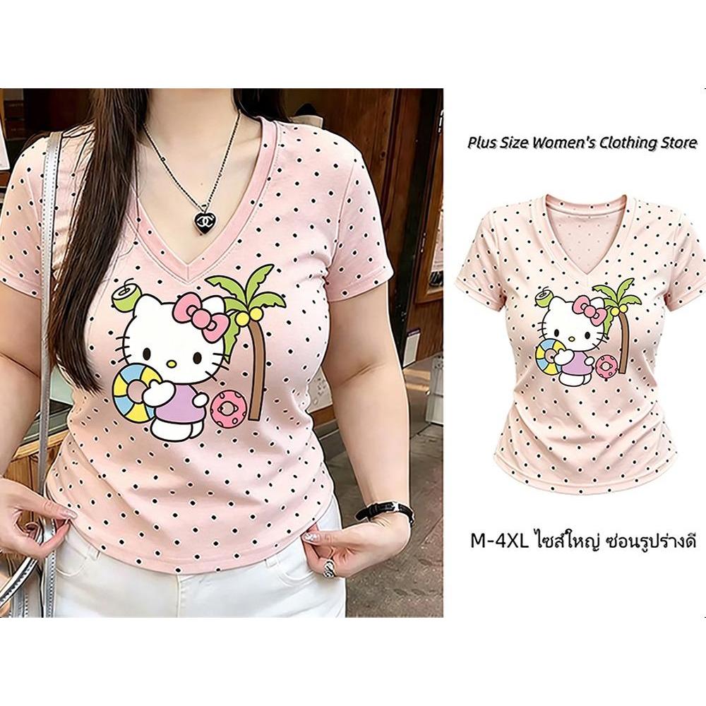 COD (พร้อมส่ง 24 ชม.) M-4XL เสื้อยืดแขนสั้นลายจุด women clothing เหมาะสาวอ้วนไซส์ใหญ่ ช่วยซ่อนหุ่น ไหล่ผู้หญิง สไตล์เกาห