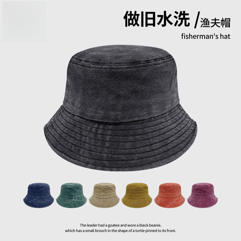 Distressed Washed Bucket Hat Retro Cowboy Hat Summer Sunscreen Cowboy Bucket Hat ปักโลโก้