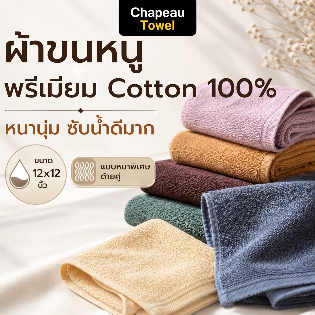 ผ้าเช็ดหน้า Cotton 100% เกรดโรงแรม 5 ดาว 12x12 นิ้ว Double Loop หนานุ่ม ซับน้ำดี