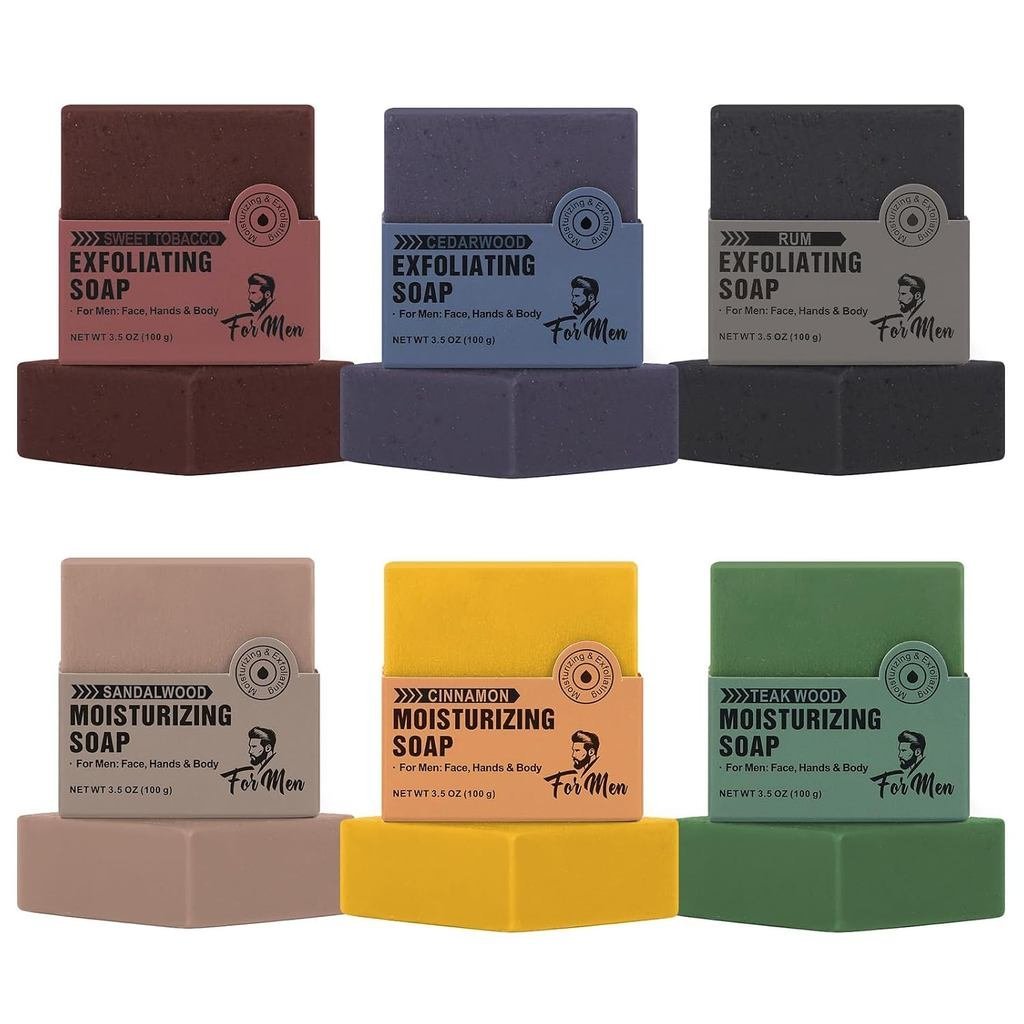 Mens Soap Bar Set 6 Natural Bar Soap 4-in-1 Moisturizing & Exfoliating Soap for Face, Body, Hands, S