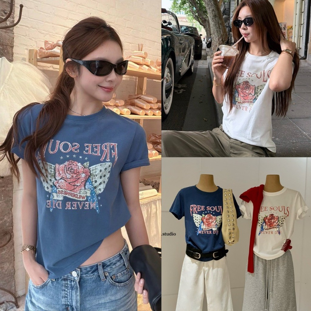 ❤ 🧵 🇰🇷 W10655 เสื้อยืดลายใหม่สุดคูล! เสื้อคอกลมสกรีนลายวินเทจกุหลาบ "FREE SOULS" แฟชั่นเกาหลี TAG WG.WE 🧵🧡