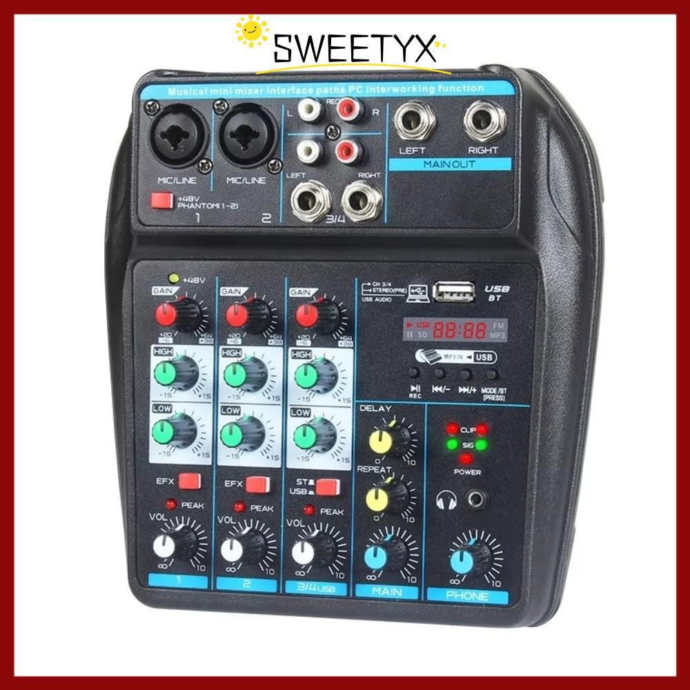 SWEETYX DJ Console Mixer, 48V Phantom Power Bluetooth Audio Mixer, Monitor Karaoke System 4-Channel 
