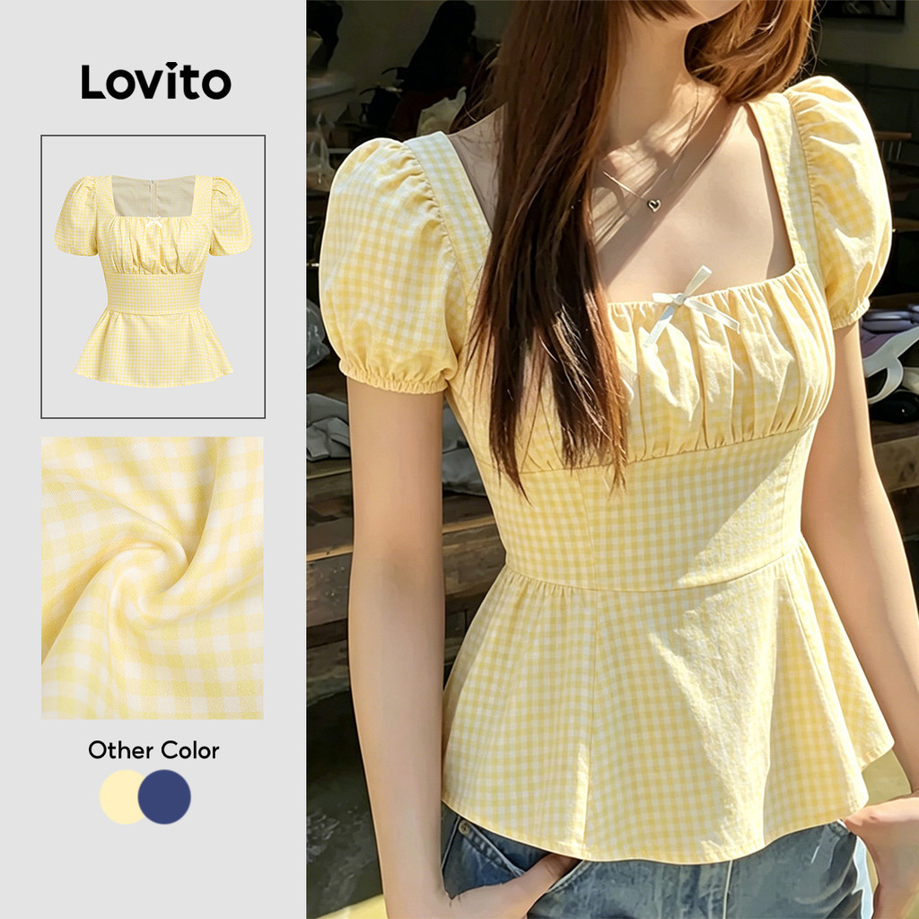 (New Arrival) Lovito เสื้อเบลาส์ลําลองผูกโบว์ด้านหน้า สําหรับผู้หญิง สีเหลือง เหมาะกับฤดูใบไม้ผลิ/ฤดูร้อน เกาหลี อินเทรนด์ L197AD1029