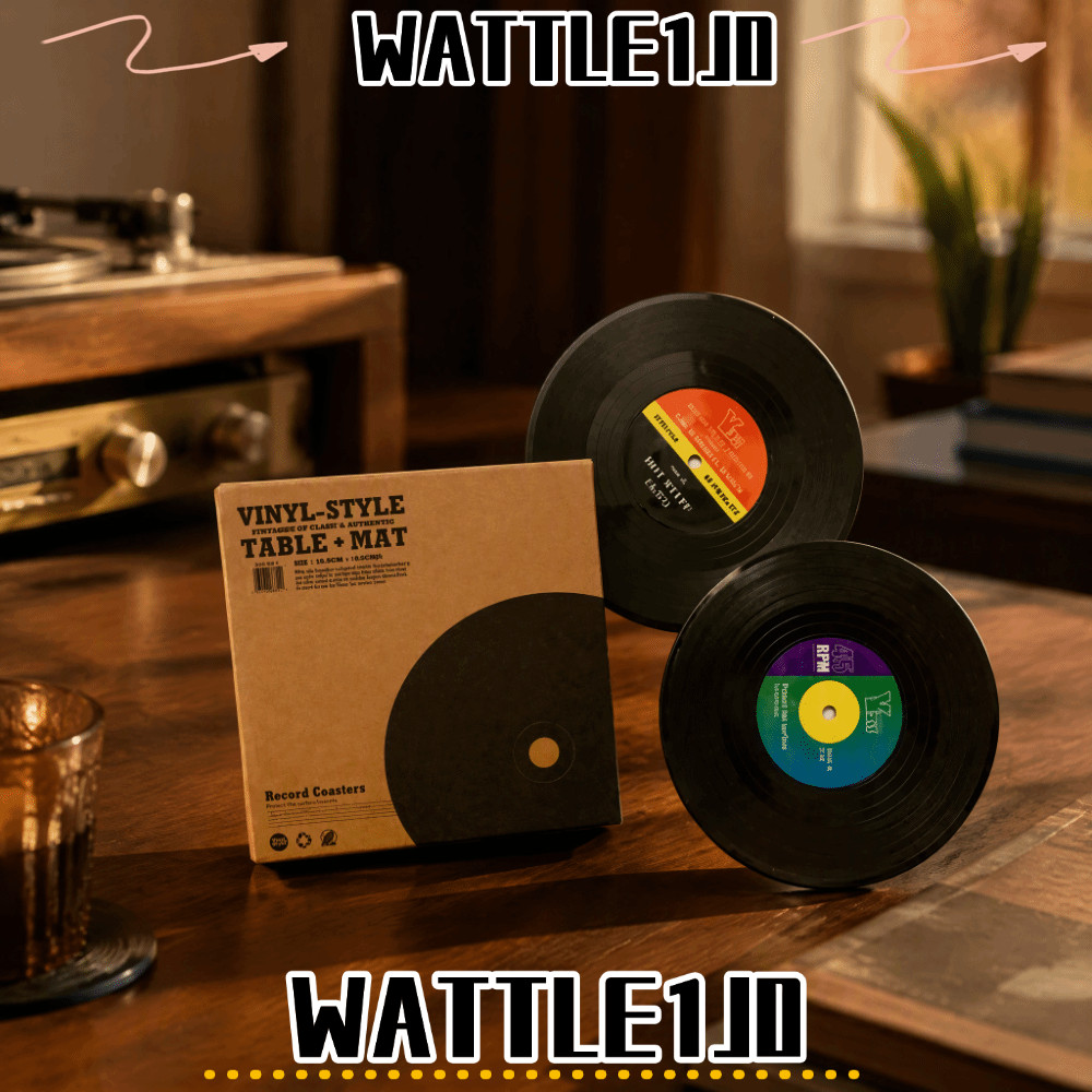 WATTLE1J0 ที่รองแก้วบันทึกไวนิล 2 ชิ้น, Retro Design ABS Record Coasters, Retro Black Classic Cups 4