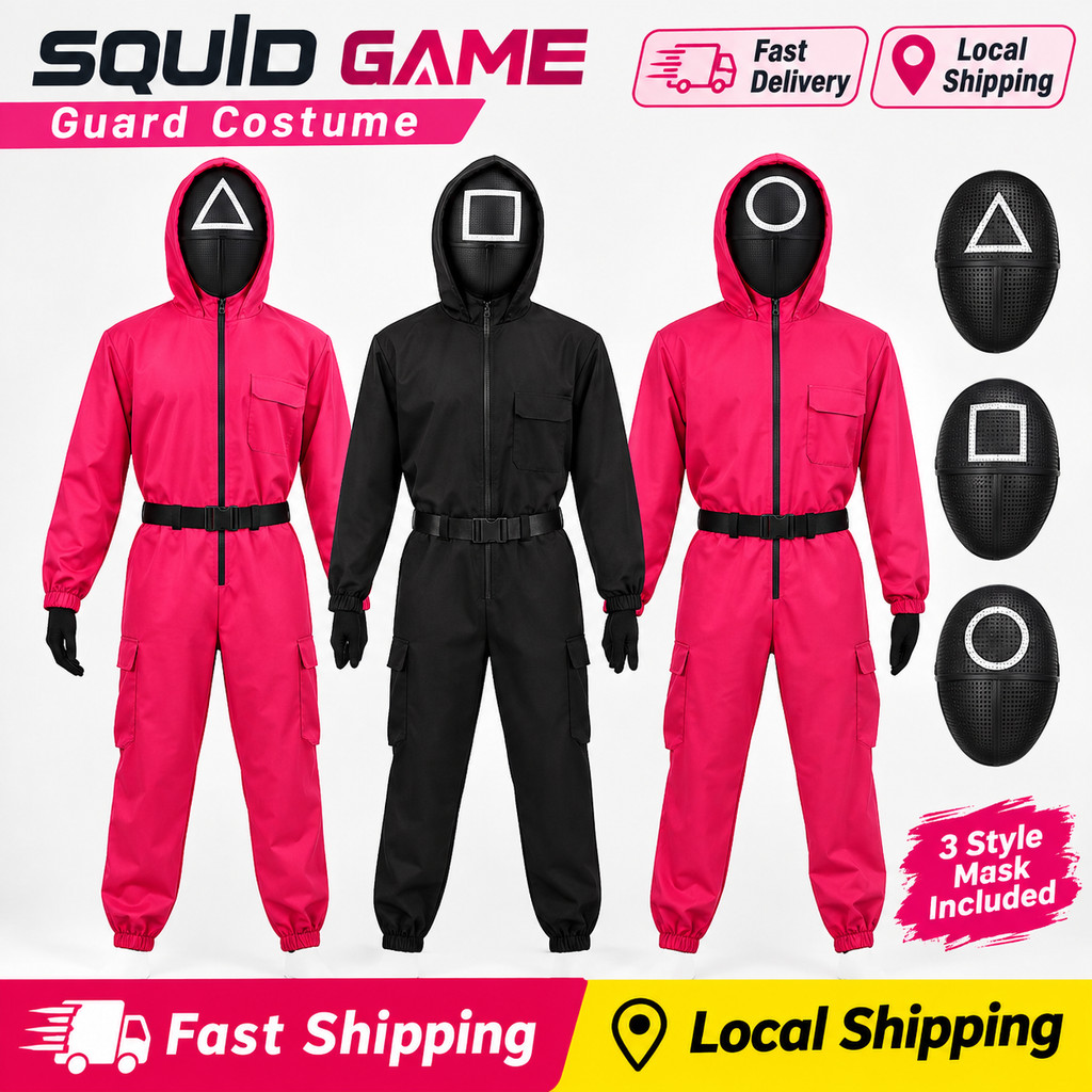 Kostum Squid Game Guard Boss คอสเพลย์ Hooded Jumpsuit ชุดถุงมือหน้ากากผู้ใหญ่เด็กบทบาทเล่น