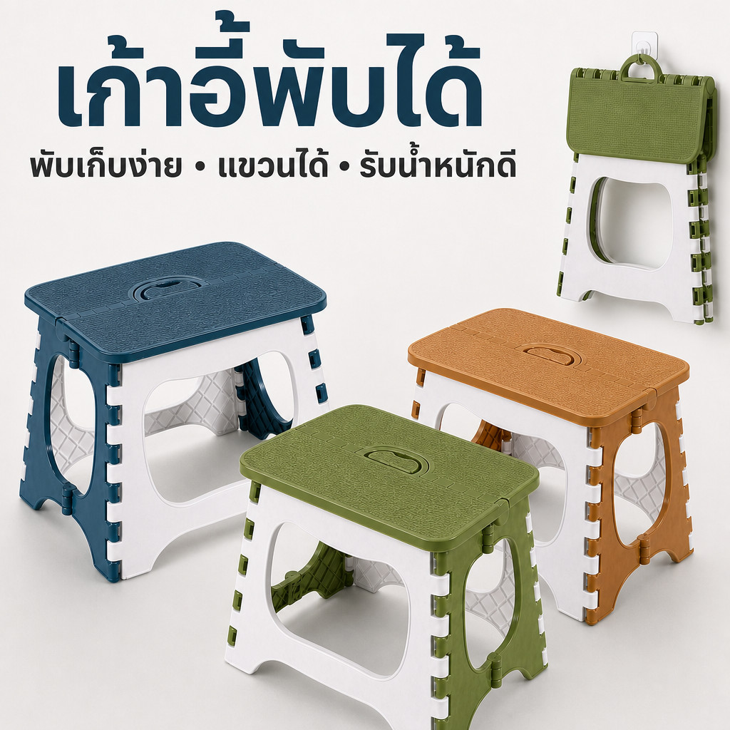 เก้าอี้พับได้ เล็ก พลาสติกคุณภาพดี ขนาด 27.5×23×25 ซม. มีให้เลือกหลายสี พกพา ซักผ้า นั่งในห้องน้ำ