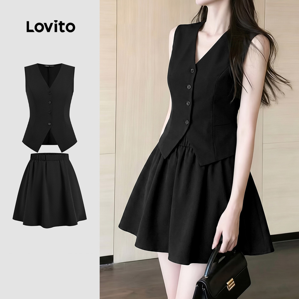 Lovito เสื้อหรือกางเกงสไตล์เรียบหรู กระดุมหน้า สีดํา สําหรับฤดูใบไม้ผลิ/ฤดูร้อน LK7LD1027