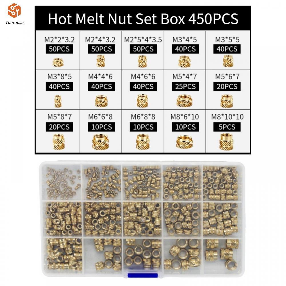 ทองเหลืองหักใส่ถั่ว 450PCS M2 M3 M5 M6 M7 M8 สําหรับพลาสติกยึดที่อยู่อาศัย